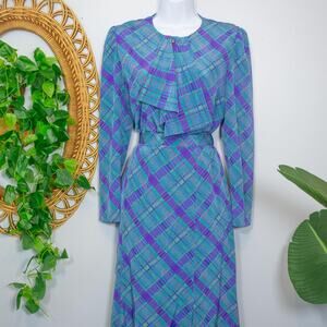 Vtg 11 Shona Dress 80s Plaid 2 Pc Set Blouse Skirt Jewel Tone | Bright Winter